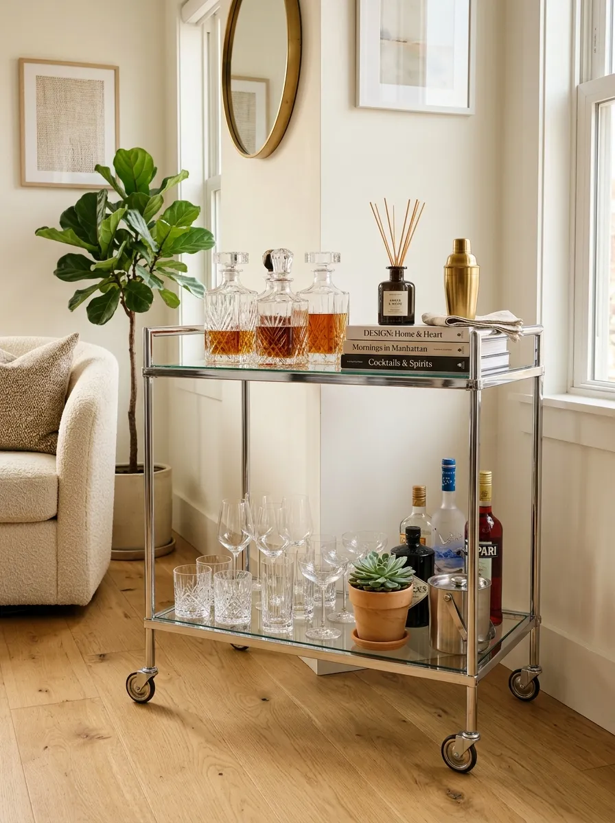 17 Postmodern Chrome Home Decor Ideas Bringing Retro Futuristic Style Back Into Modern Interiors 6 Two tier polished chrome bar cart on casters with crystal decanters and coffee table books in a clean modern living room corner