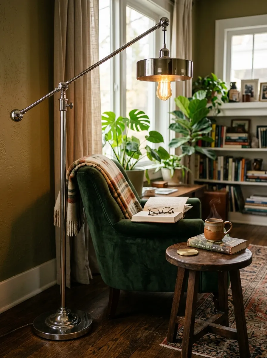 17 Postmodern Chrome Home Decor Ideas Bringing Retro Futuristic Style Back Into Modern Interiors 14 Tall chrome adjustable swing arm floor lamp with warm Edison bulb extending over dark green velvet reading chair and small side table