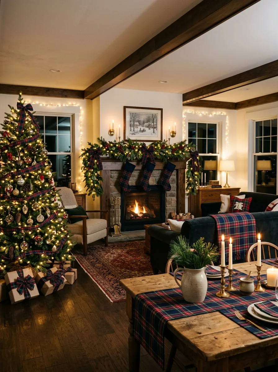 Open plan living and dining room decorated with cohesive tartan Christmas decor in matching red green and navy plaid across all key surfaces
