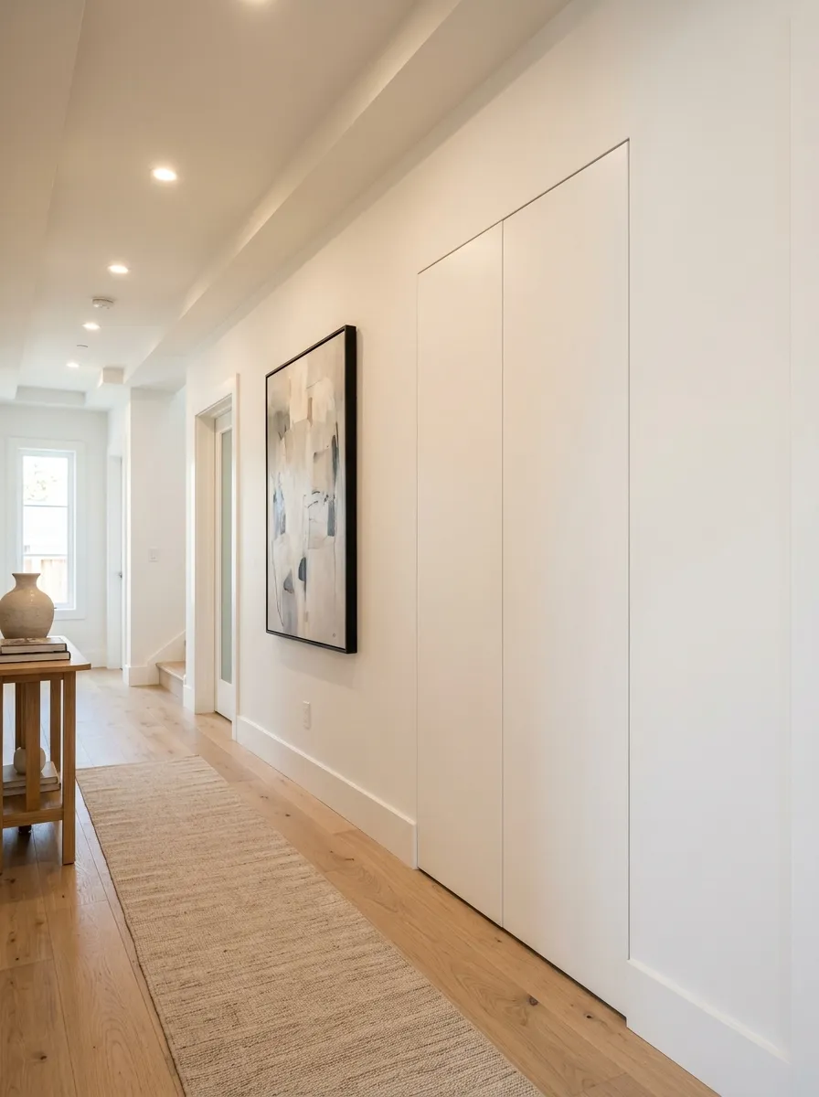 15 Laundry Closet Ideas That Use Thoughtful Design to Solve Everyday Organization and Storage Problems 12 Hallway with flush white push to open laundry closet doors blending seamlessly into the painted wall with no visible handles