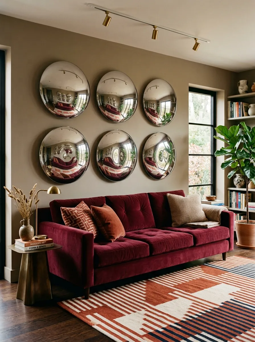 17 Postmodern Chrome Home Decor Ideas Bringing Retro Futuristic Style Back Into Modern Interiors 10 Six convex chrome wall disc sculptures in a grid above deep burgundy velvet sofa with geometric rug in a bold gallery like living room