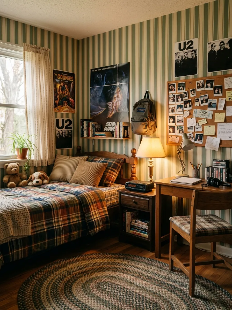 17 80s Bedroom Ideas That Balance Bold Nostalgia, Playful Color, and Modern Design Without Chaos 9 Striped wallpaper retro bedroom with plaid flannel bedding, cork board polaroid display, and braided oval rug in warm nostalgic eighties atmosphere