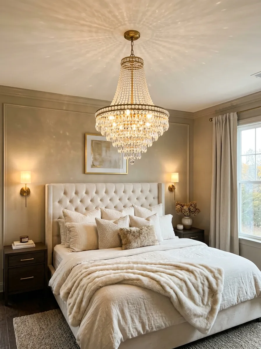 21 Glam Room Ideas That Perfectly Balance Drama, Comfort, Beauty, and Everyday Function 3 Tiered crystal chandelier centered above a king bed with ivory headboard and brass wall sconces in a glamorous bedroom with layered lighting