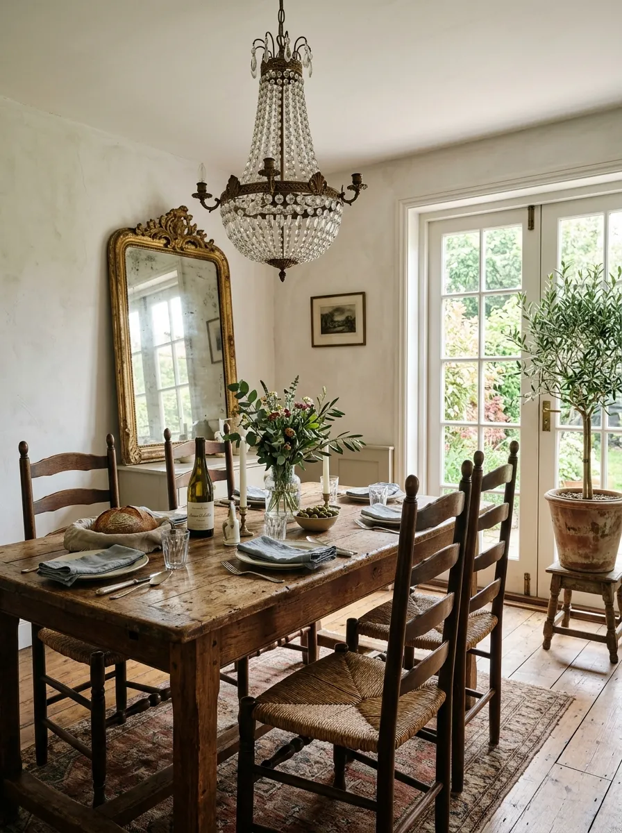 Crystal chandelier above worn farmhouse table with rush seat chairs in an effortless Nancy Meyers dining room style