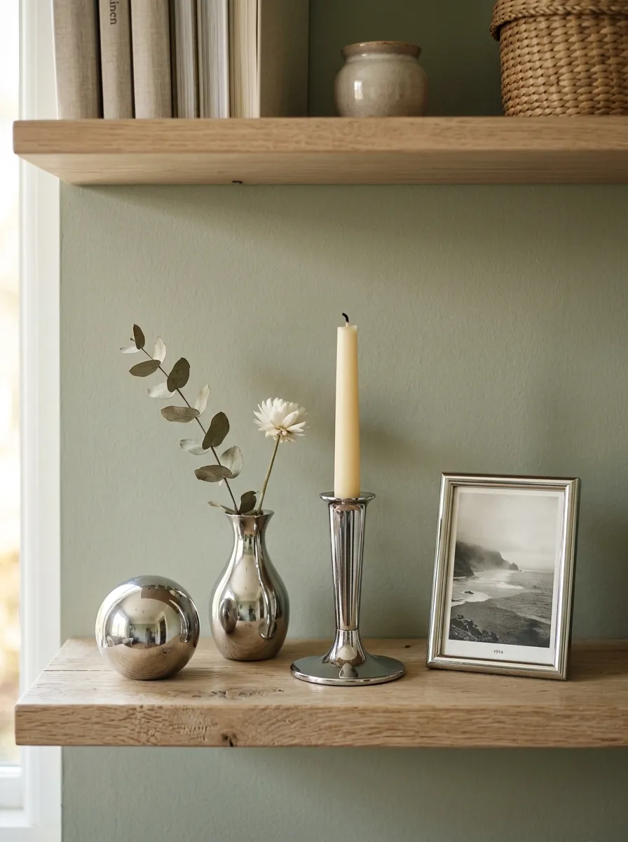 17 Postmodern Chrome Home Decor Ideas Bringing Retro Futuristic Style Back Into Modern Interiors 13 Cluster of small chrome decorative accessories including orb, vase, candleholder, and frame on pale oak shelf against sage green wall