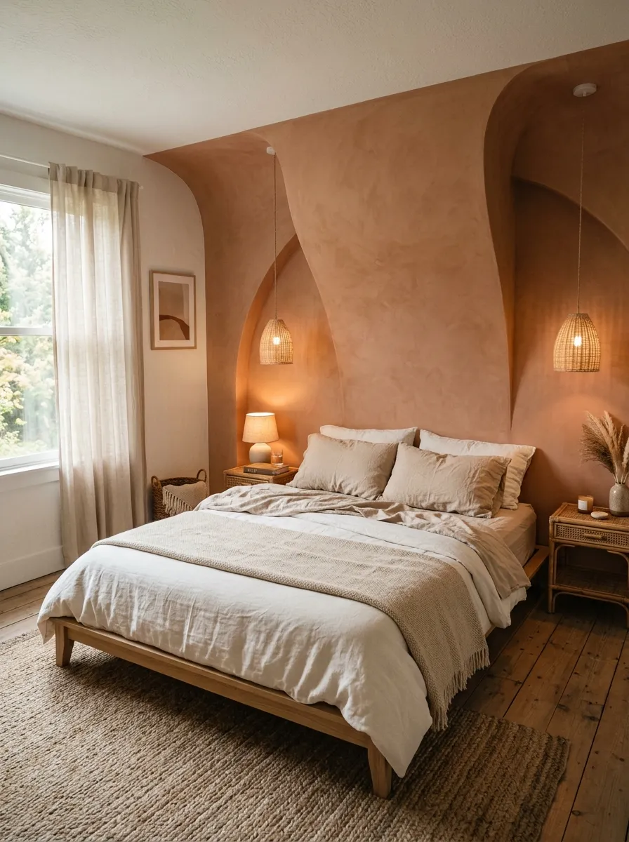 A serene bedroom with a curved terracotta plaster wall, low platform bed, ivory linen bedding, and warm pendant lighting