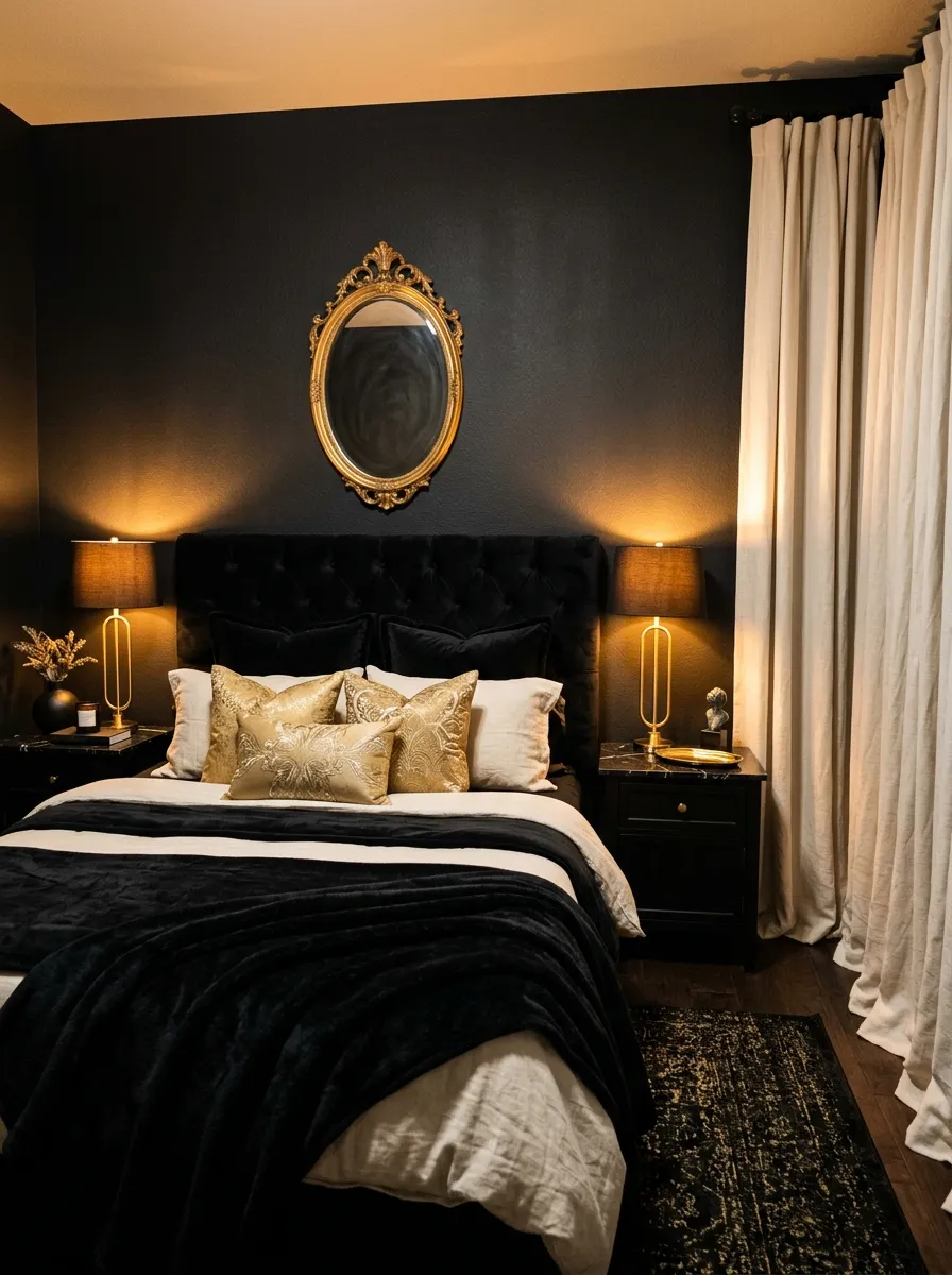 21 Glam Room Ideas That Perfectly Balance Drama, Comfort, Beauty, and Everyday Function 16 Moody charcoal black bedroom with gold lamps, tufted black headboard, and gold oval mirror in a bold dramatic glam aesthetic design