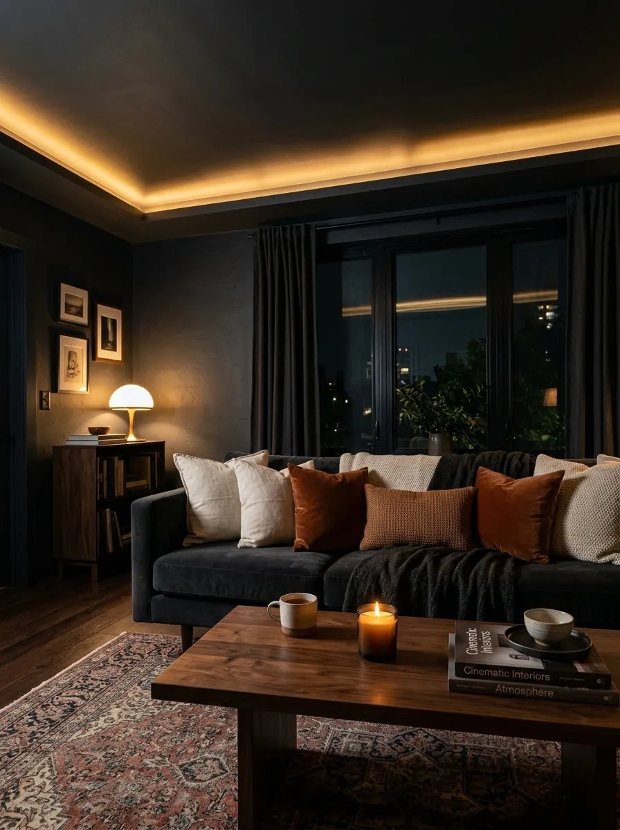 23 Moody Living Room Ideas Using Contrast, Warm Lighting, and Layered Texture for a Cozy Atmosphere 5 Dark charcoal ceiling with warm LED cove lighting in a moody living room with velvet sofa