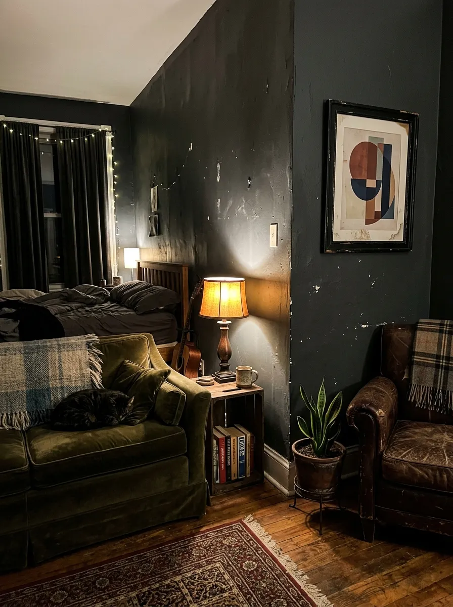 19 Grunge Apartment Ideas That Follow Quiet Design Rules for a Cool, Moody, and Authentic Space 4 Deep charcoal dark walls in a grunge apartment bedroom with velvet sofa, warm lamp, and vintage framed print