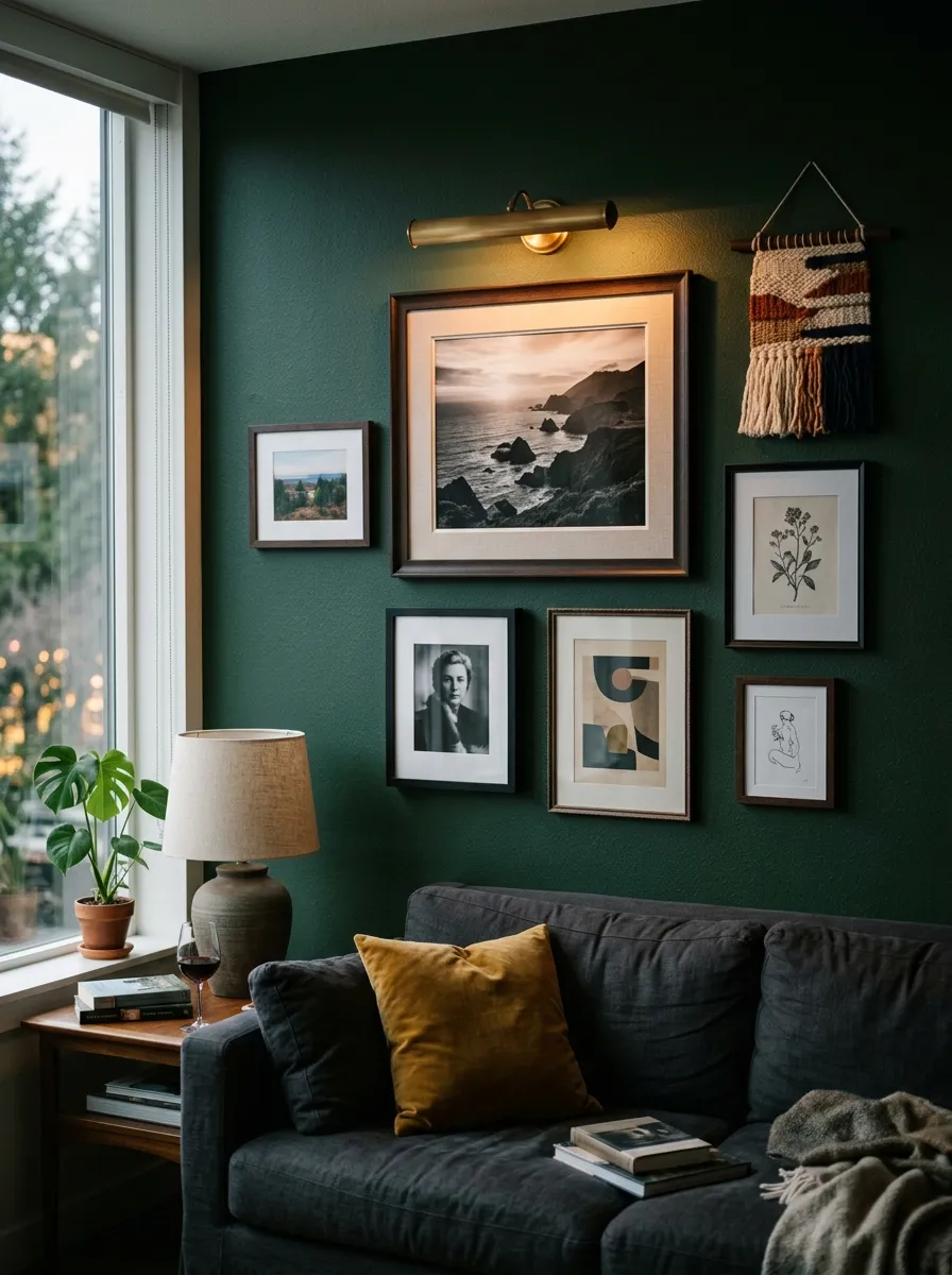 23 Moody Living Room Ideas Using Contrast, Warm Lighting, and Layered Texture for a Cozy Atmosphere 12 Dark framed gallery wall on hunter green wall in a moody living room with brass picture light