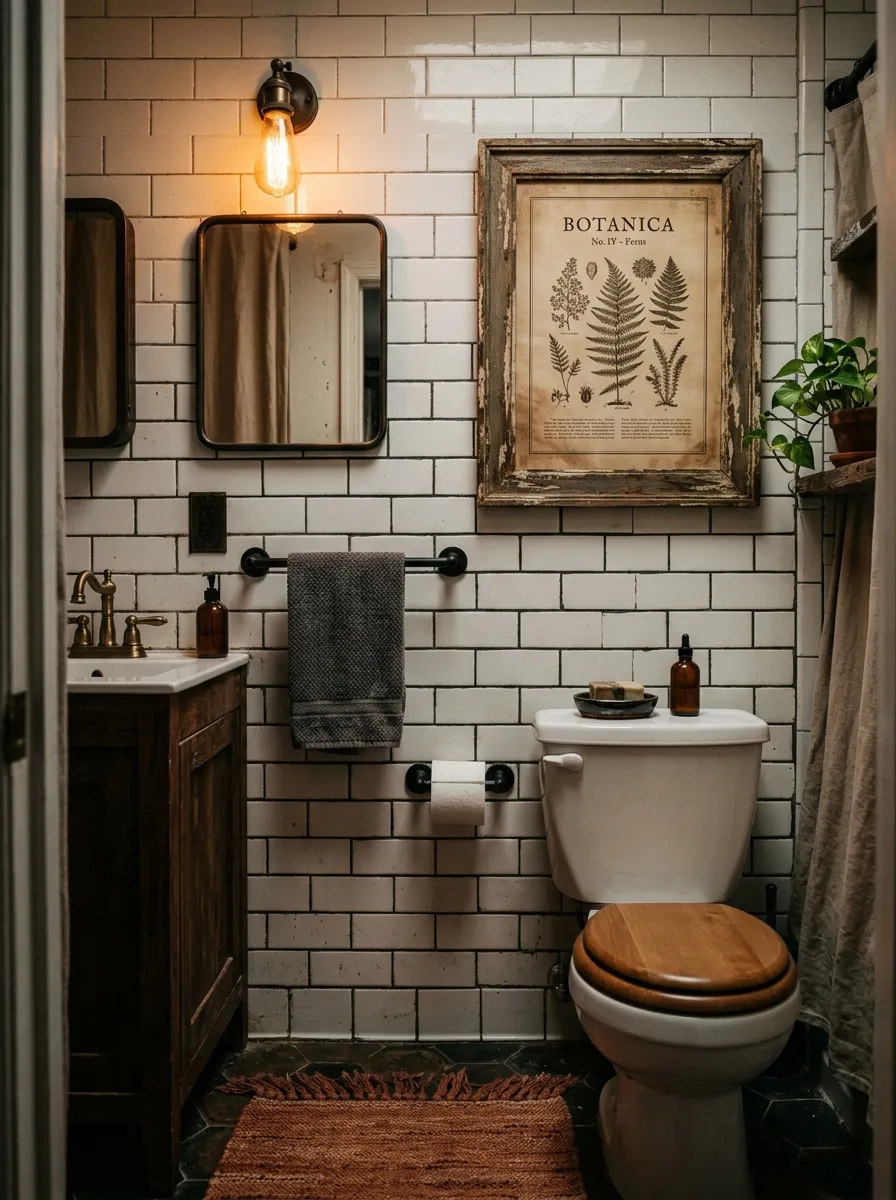 19 Grunge Apartment Ideas That Follow Quiet Design Rules for a Cool, Moody, and Authentic Space 17 Grunge apartment bathroom with dark grout aged tile matte black fixtures vintage framed print and woven rust rug