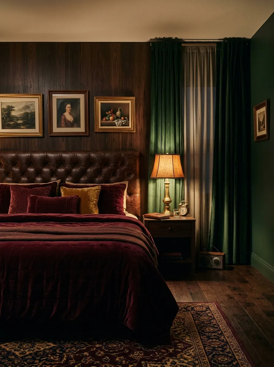 17 80s Bedroom Ideas That Balance Bold Nostalgia, Playful Color, and Modern Design Without Chaos 4 Dark walnut wood paneling eighties bedroom style with burgundy velvet bedding, brass lamp, and leather headboard in warm amber light