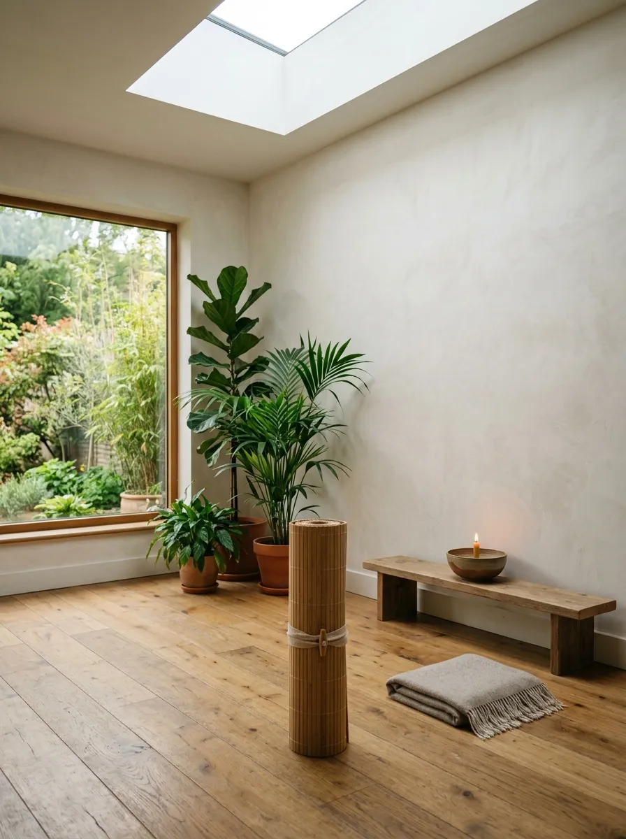 A serene yoga and meditation wellness room with a skylight, lime washed white walls, bamboo mat, and large indoor plants