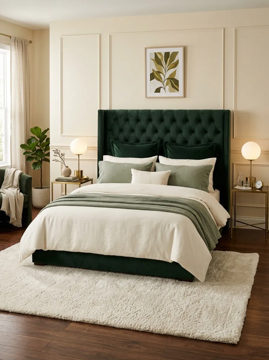 21 Glam Room Ideas That Perfectly Balance Drama, Comfort, Beauty, and Everyday Function 2 King bed with deep green tufted velvet headboard, brass nightstands, and layered ivory bedding in a sophisticated glamorous bedroom
