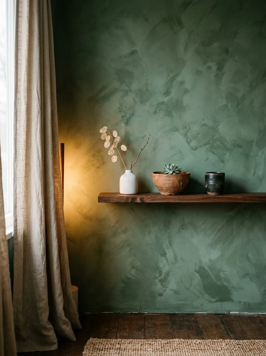 23 Moody Living Room Ideas Using Contrast, Warm Lighting, and Layered Texture for a Cozy Atmosphere 8 Deep sage limewash textured wall in a moody home décor scheme with warm amber floor lamp and ceramic shelf