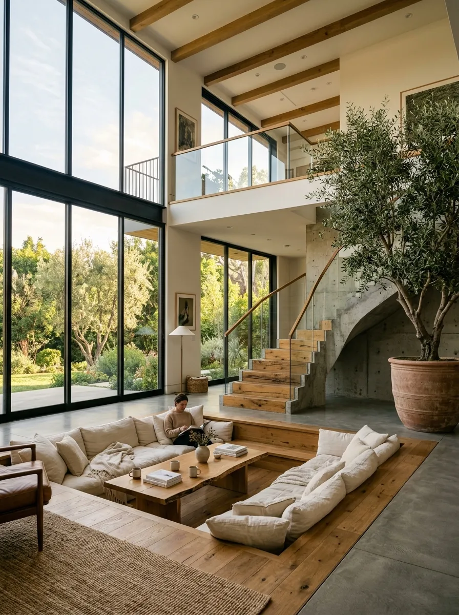 A dramatic double height living room with floor to ceiling windows, concrete staircase, sunken seating pit, and an indoor statement olive tree