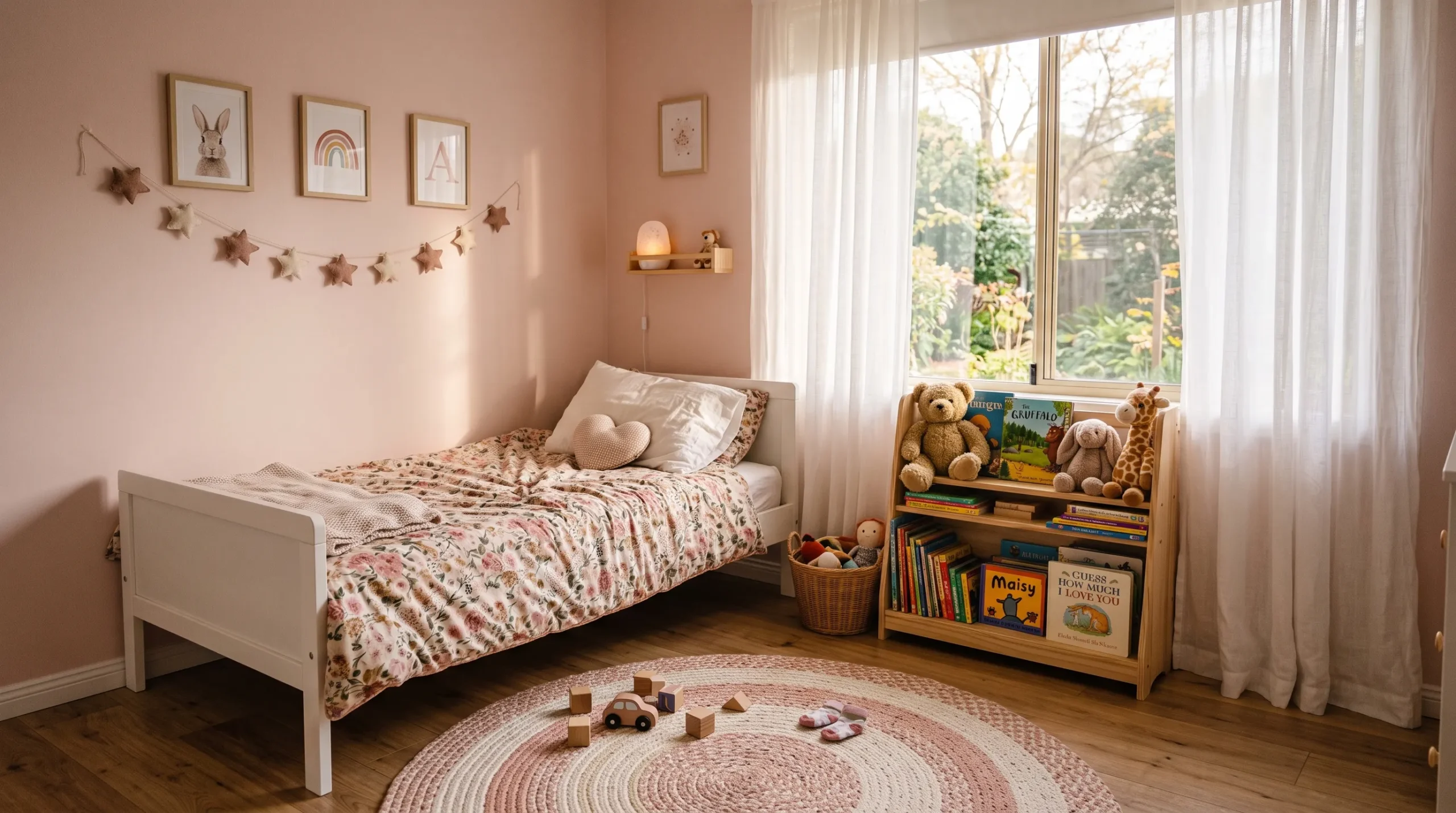 21 Toddler Girl Bedroom Ideas That Feel Personal, Playful, and Beautiful Without Looking Perfectly Staged 4 A bright and cozy toddler girl bedroom with blush pink walls, white bed frame, floral bedding, and warm natural light