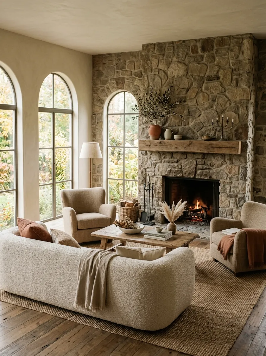 A calm earthy living room with stone fireplace, cream bouclé sofa, symmetrical armchairs, jute rug, and arched windows
