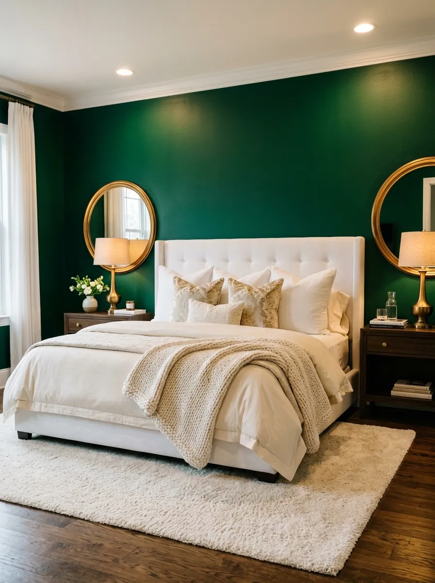 21 Glam Room Ideas That Perfectly Balance Drama, Comfort, Beauty, and Everyday Function 6 Rich emerald green accent wall behind white upholstered headboard with brass lamps and cream bedding in a glam room design