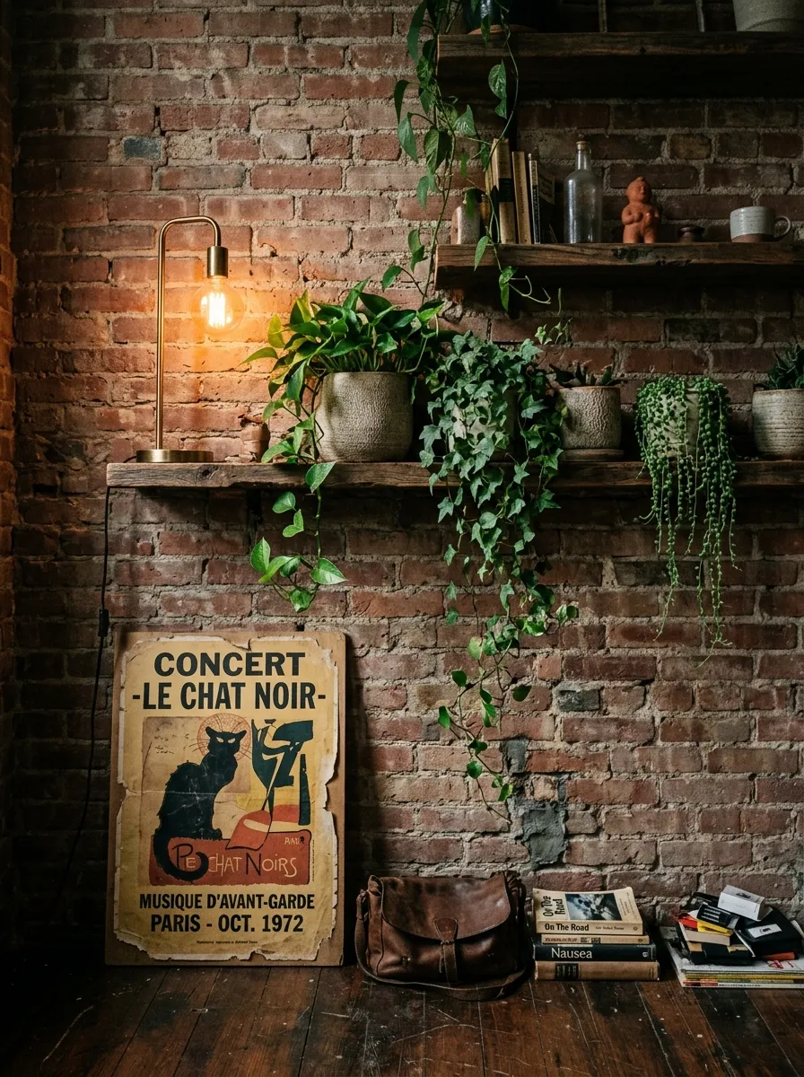 19 Grunge Apartment Ideas That Follow Quiet Design Rules for a Cool, Moody, and Authentic Space 2 Raw exposed brick wall in a grunge apartment with aged wood shelving, trailing plants, and warm amber mood lighting
