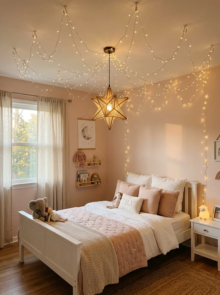 Warm fairy lights draped in a loose canopy pattern from the ceiling above a white bed in a magical and cozy toddler girl bedroom setting