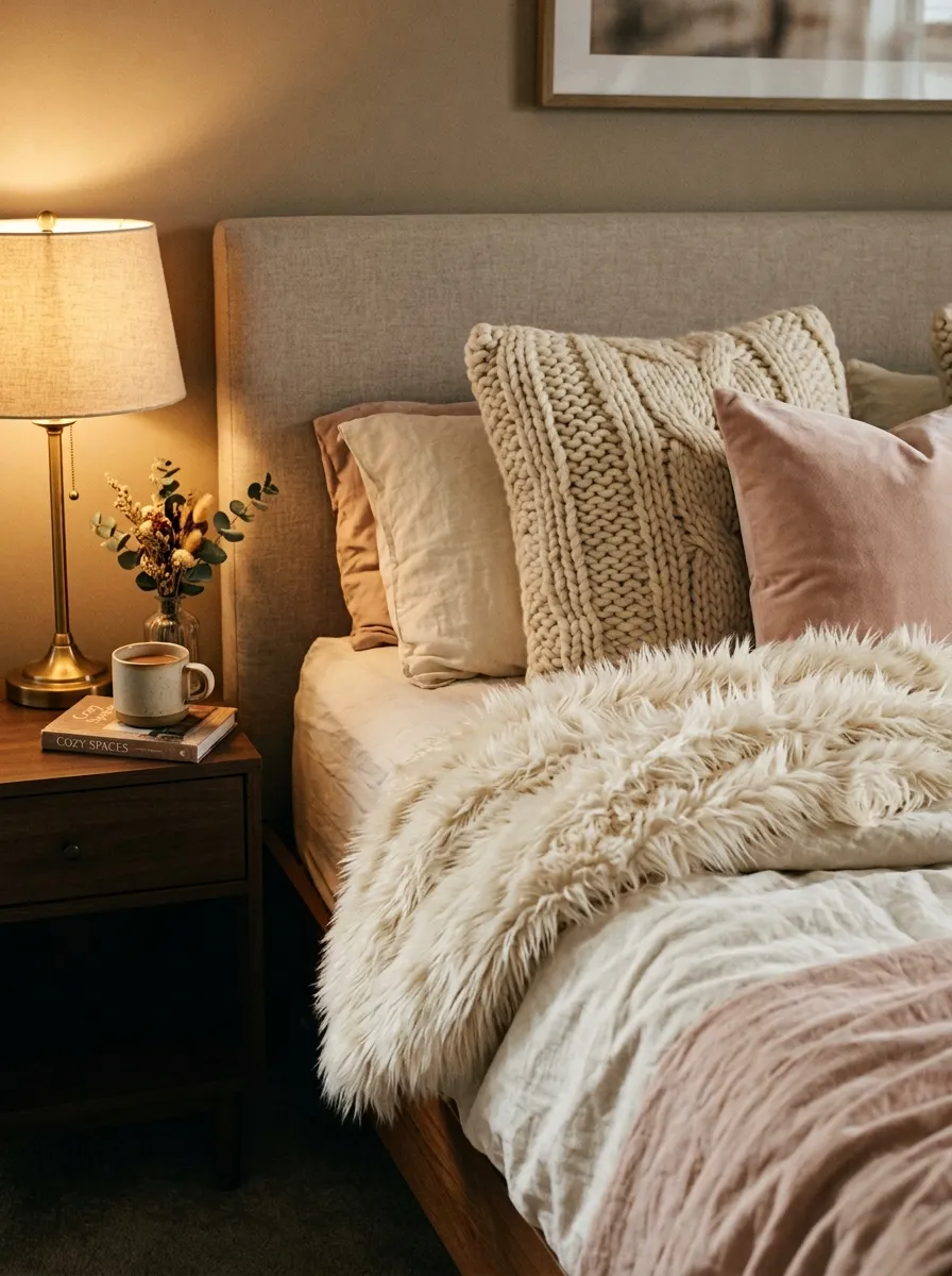 21 Glam Room Ideas That Perfectly Balance Drama, Comfort, Beauty, and Everyday Function 7 Cream faux fur throw draped over blush and ivory bedding with chunky knit pillow in a cozy glamorous bedroom with warm lamp glow