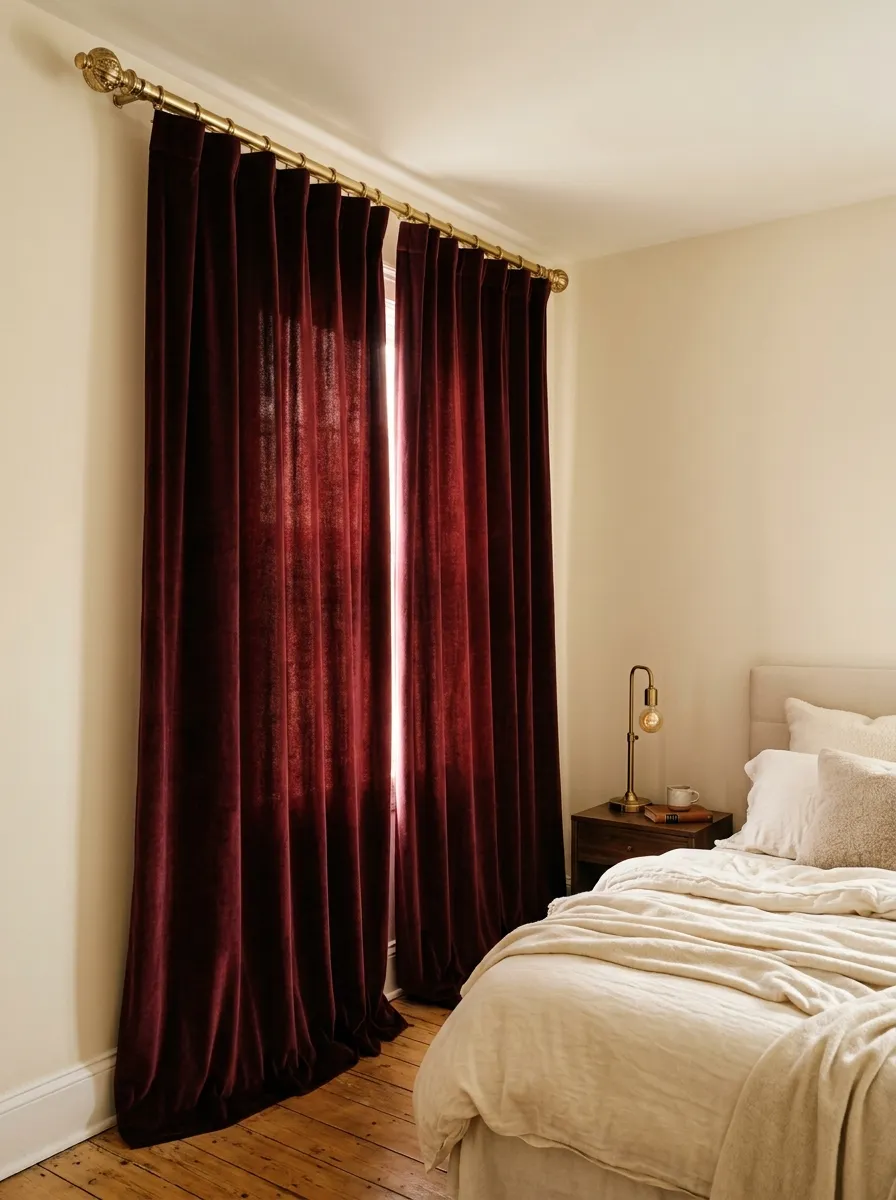 21 Glam Room Ideas That Perfectly Balance Drama, Comfort, Beauty, and Everyday Function 11 Deep burgundy floor to ceiling velvet curtains on gold rod in a cream glamorous bedroom with warm ambient light and brass accents