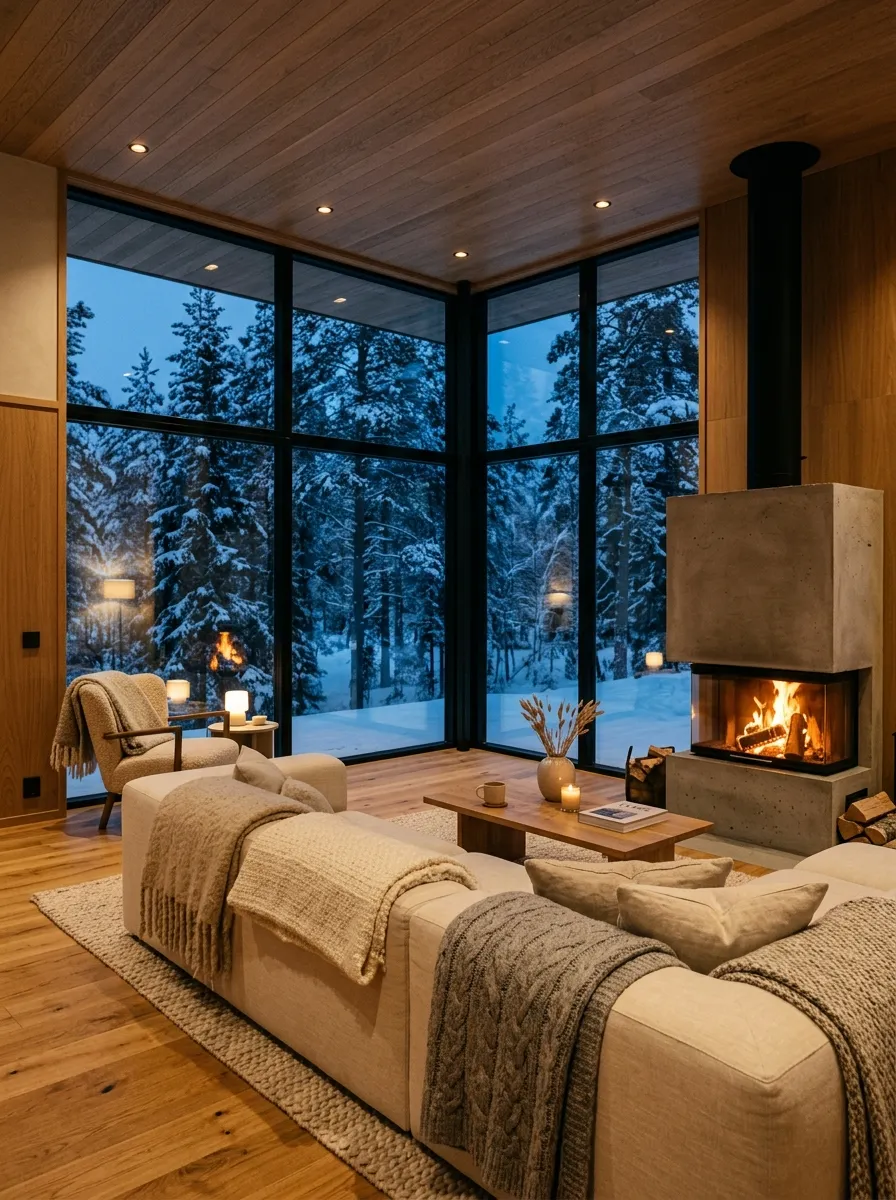 A modern living room with floor to ceiling glass walls, oak floors, and a concrete fireplace in a snowy Nordic setting