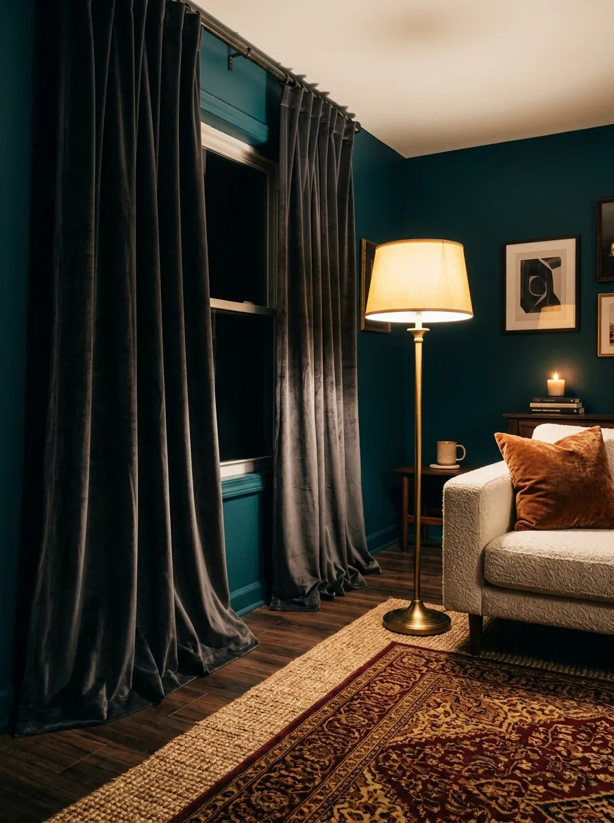 23 Moody Living Room Ideas Using Contrast, Warm Lighting, and Layered Texture for a Cozy Atmosphere 11 Charcoal velvet floor to ceiling curtains in a dark living room with teal walls and warm brass lamp
