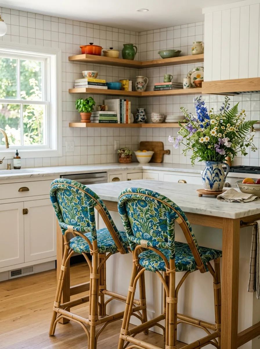 Rattan counter stools with floral upholstery at marble kitchen island in a cozy cinematic dining room style