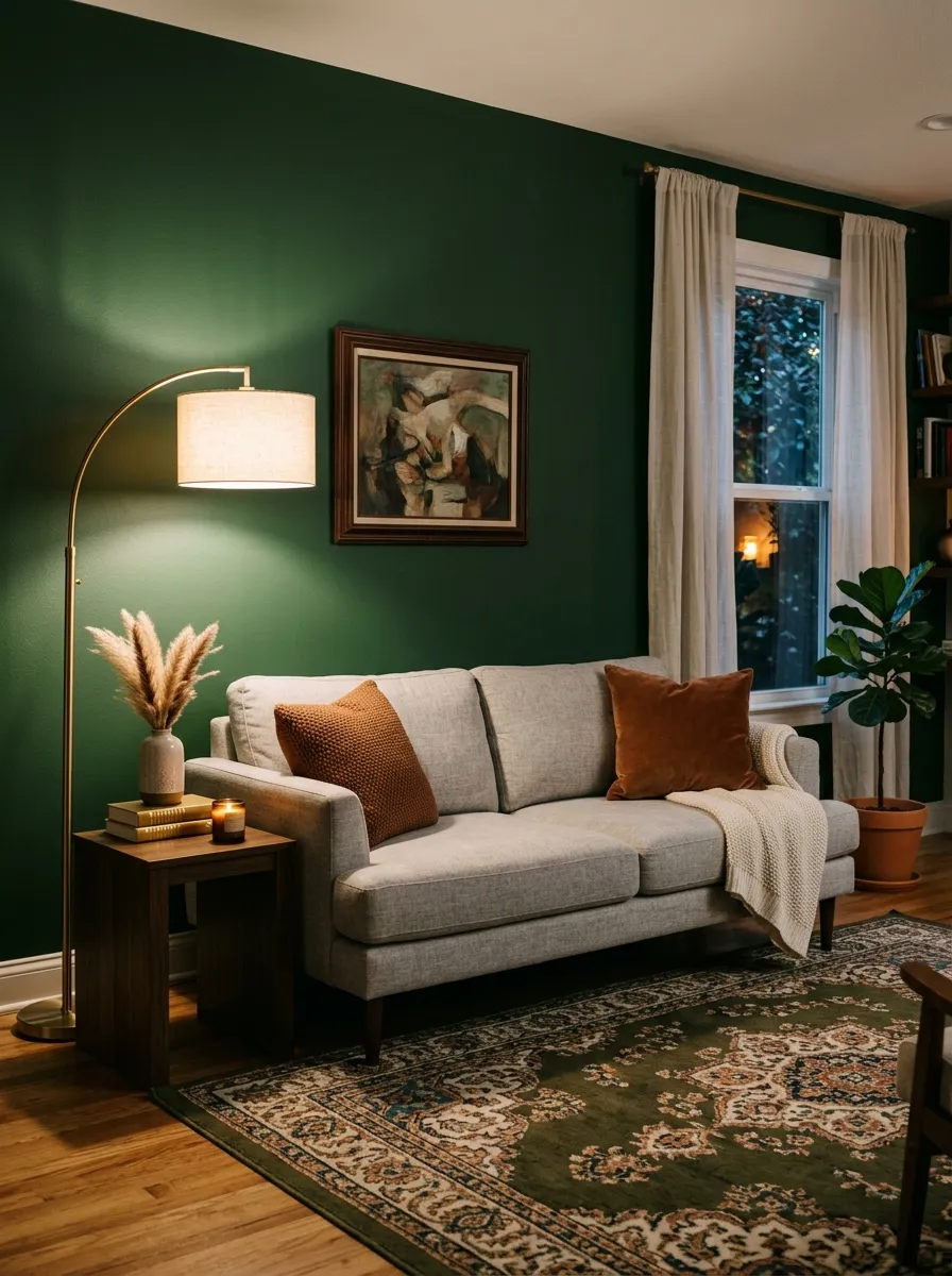 23 Moody Living Room Ideas Using Contrast, Warm Lighting, and Layered Texture for a Cozy Atmosphere 1 Deep forest green accent wall in a moody living room with brass lamp and linen sofa in warm tones