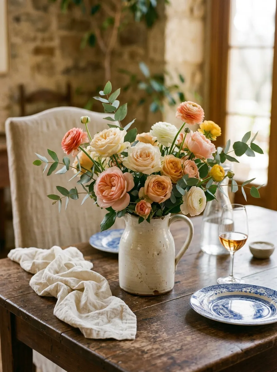 Loose garden rose arrangement in a ceramic pitcher on a dining table in a Nancy Meyers Dining Room style