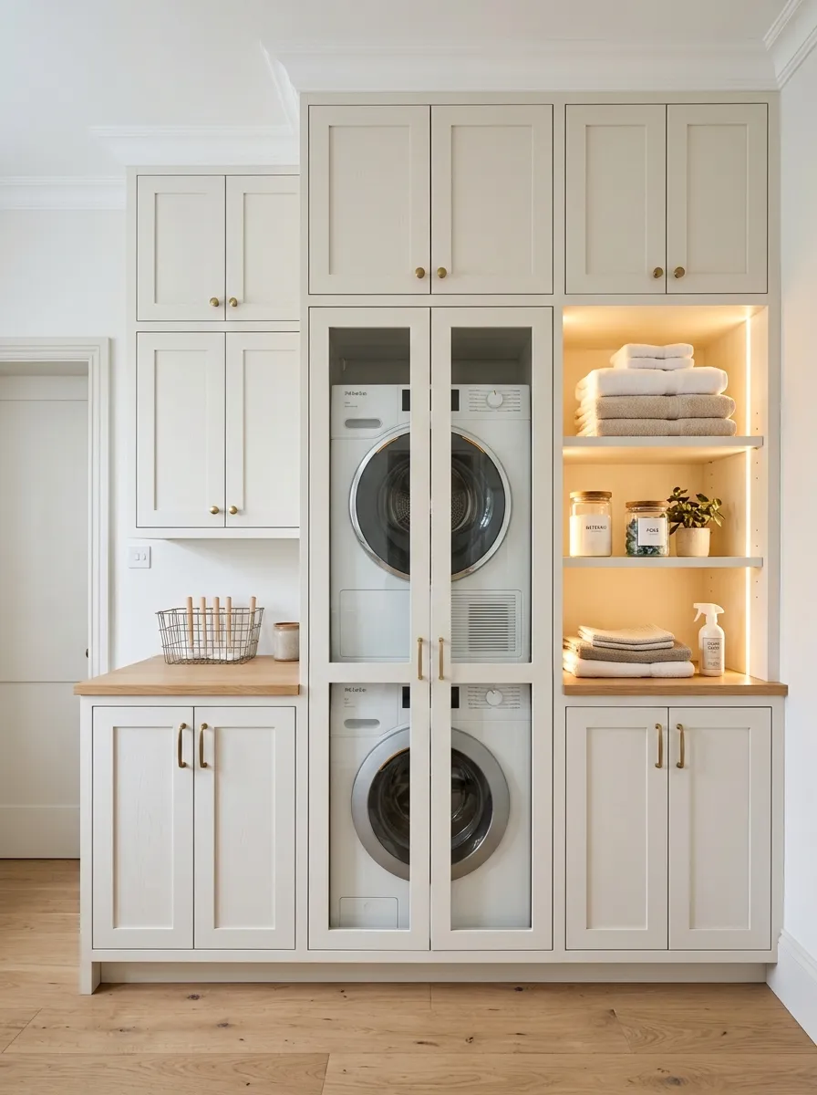 15 Laundry Closet Ideas That Use Thoughtful Design to Solve Everyday Organization and Storage Problems 15 Custom built in laundry closet with floor to ceiling white cabinetry integrated lighting stacked machines and oak countertop