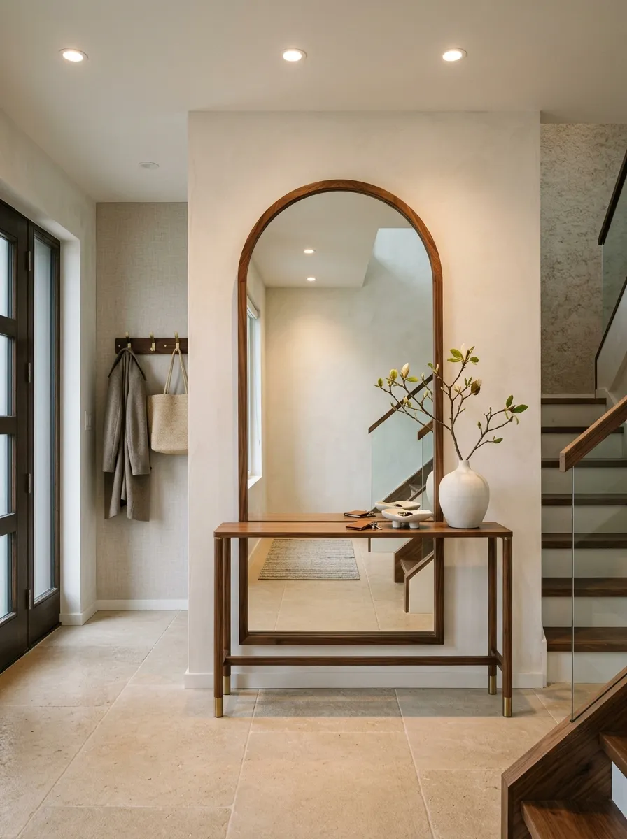 A modern future home design entryway with a walnut framed arched mirror, console table, ceramic vase, and warm stone tile floor