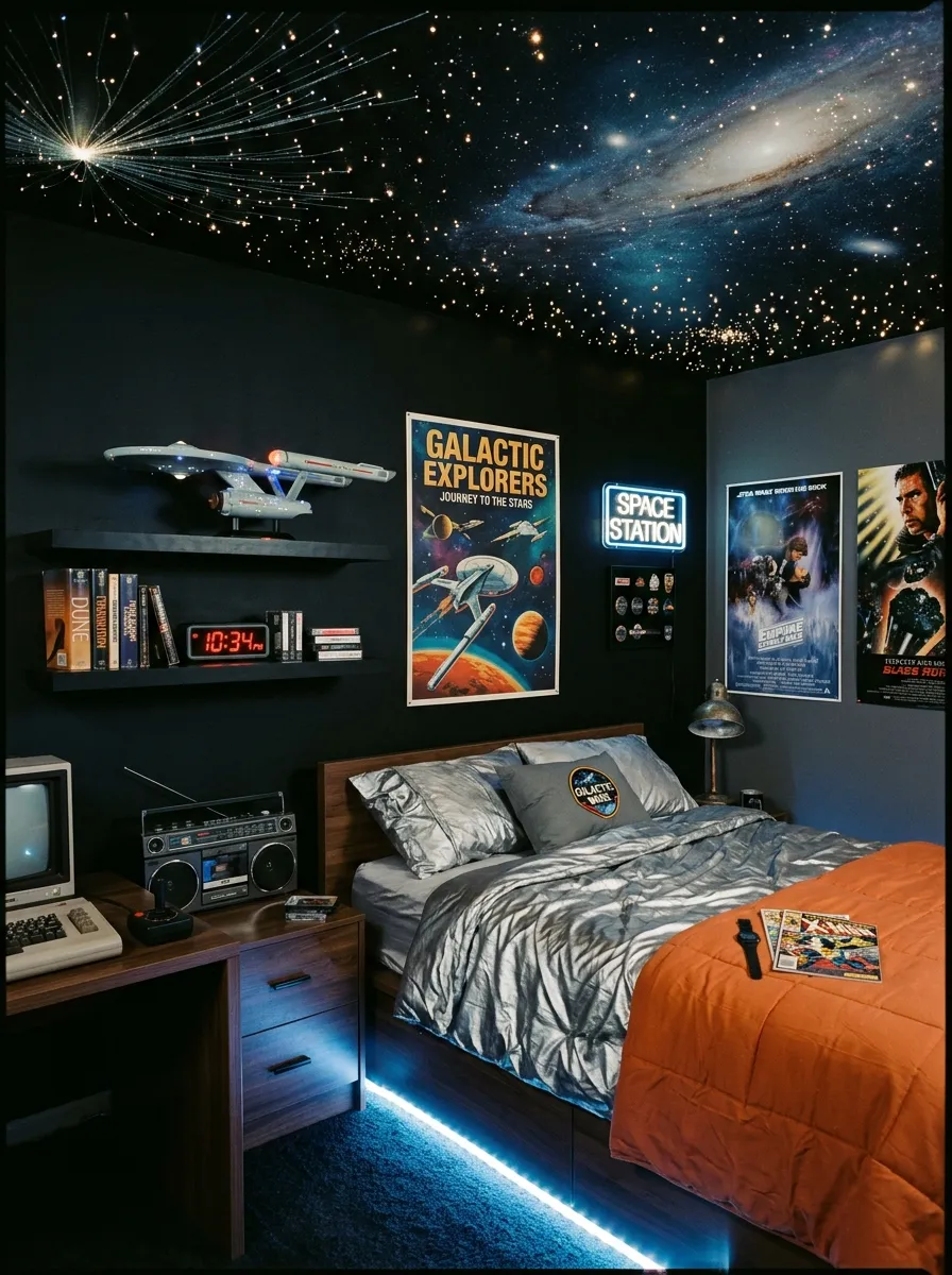 17 80s Bedroom Ideas That Balance Bold Nostalgia, Playful Color, and Modern Design Without Chaos 14 Star map ceiling vintage 80s room with silver metallic bedding, floating spaceship shelf, and blue LED floor lighting in a galactic sci fi atmosphere