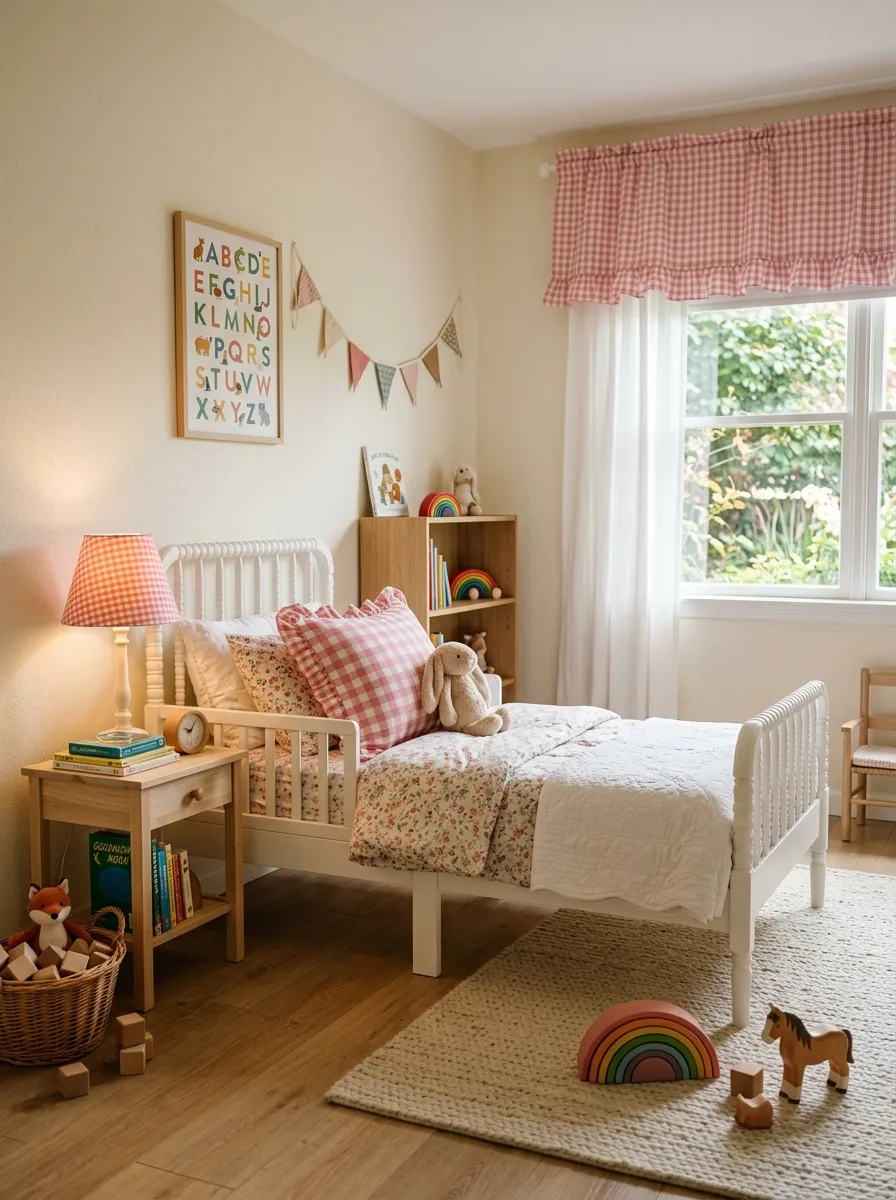 Pink gingham valance, pillow, and lampshade accents throughout a cozy cream walled toddler girl bedroom with warm natural afternoon light