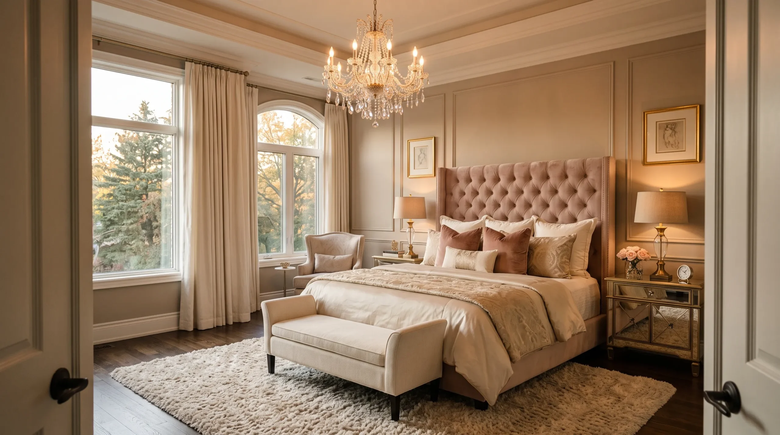21 Glam Room Ideas That Perfectly Balance Drama, Comfort, Beauty, and Everyday Function 3 Luxurious glam room with tufted blush headboard, crystal chandelier, mirrored nightstands, and champagne gold accents in warm neutral bedroom