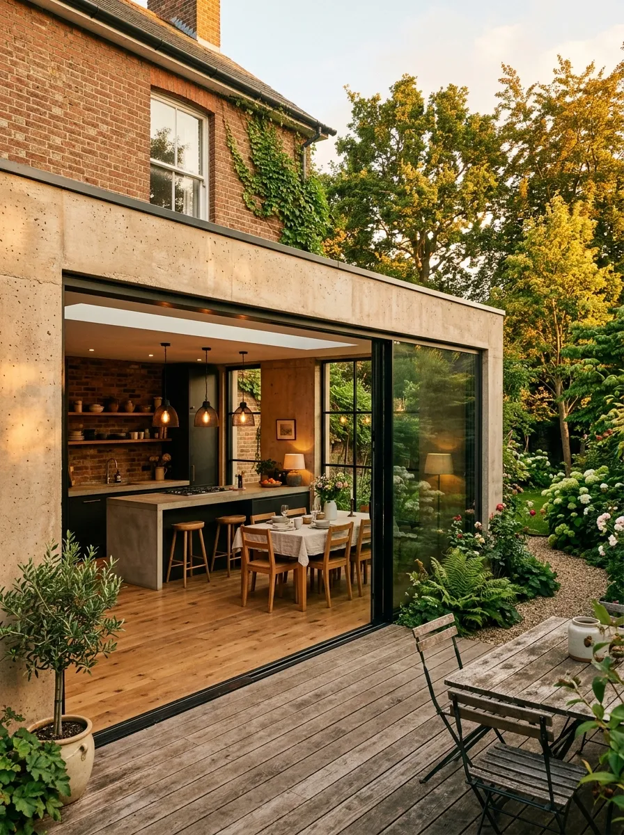 A warm glass and concrete rear extension on a brick home with glazed sliding doors, oak flooring, and pendant lighting at dusk