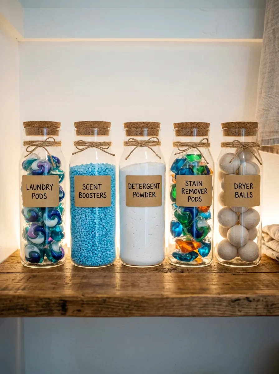 15 Laundry Closet Ideas That Use Thoughtful Design to Solve Everyday Organization and Storage Problems 10 Laundry closet shelf with matching glass jars filled with laundry pods powder and dryer balls with kraft labels