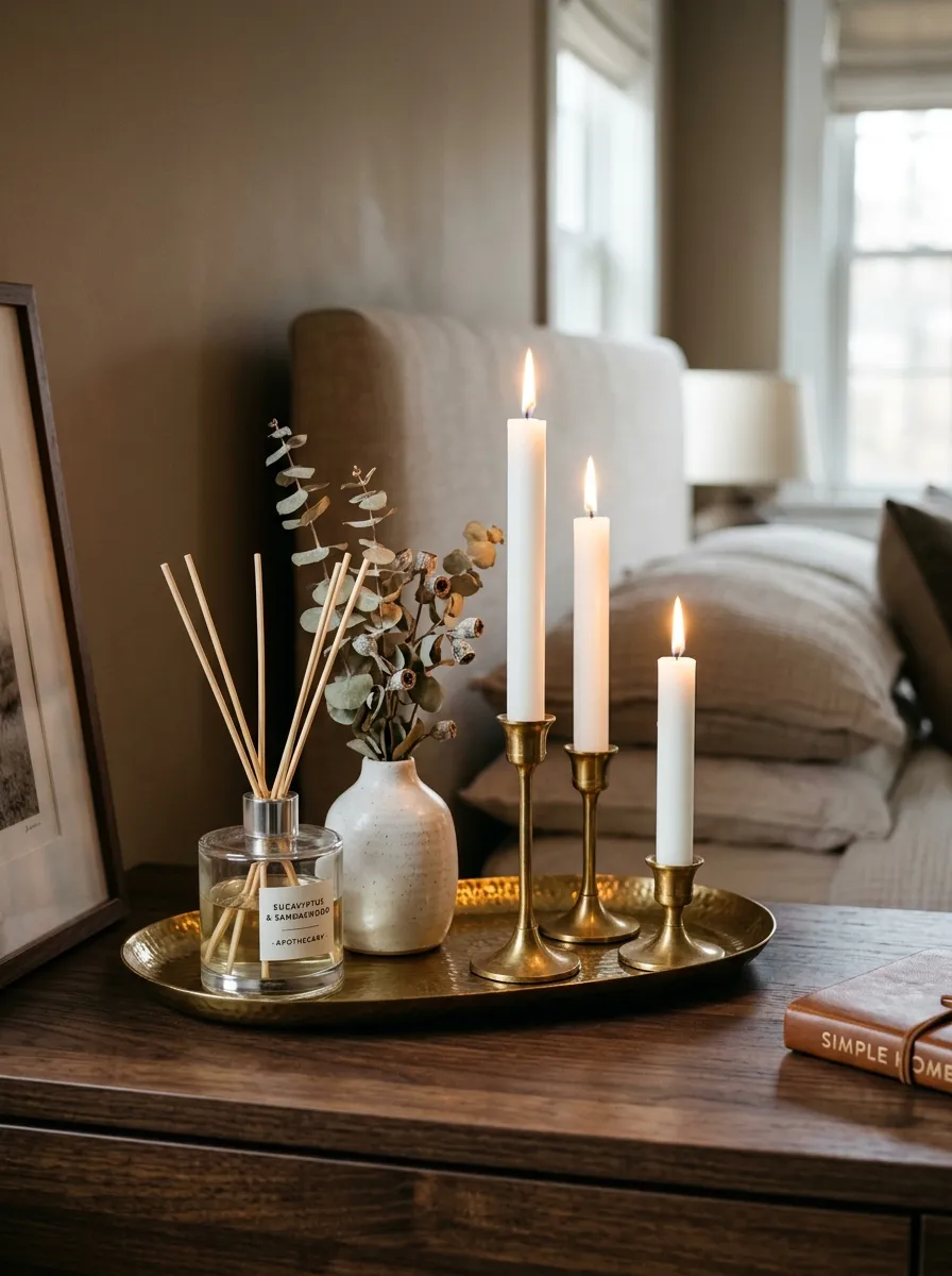 21 Glam Room Ideas That Perfectly Balance Drama, Comfort, Beauty, and Everyday Function 19 Gold tray with pillar candles, reed diffuser, and dried eucalyptus vignette on bedroom dresser in a sensory rich glam décor setting
