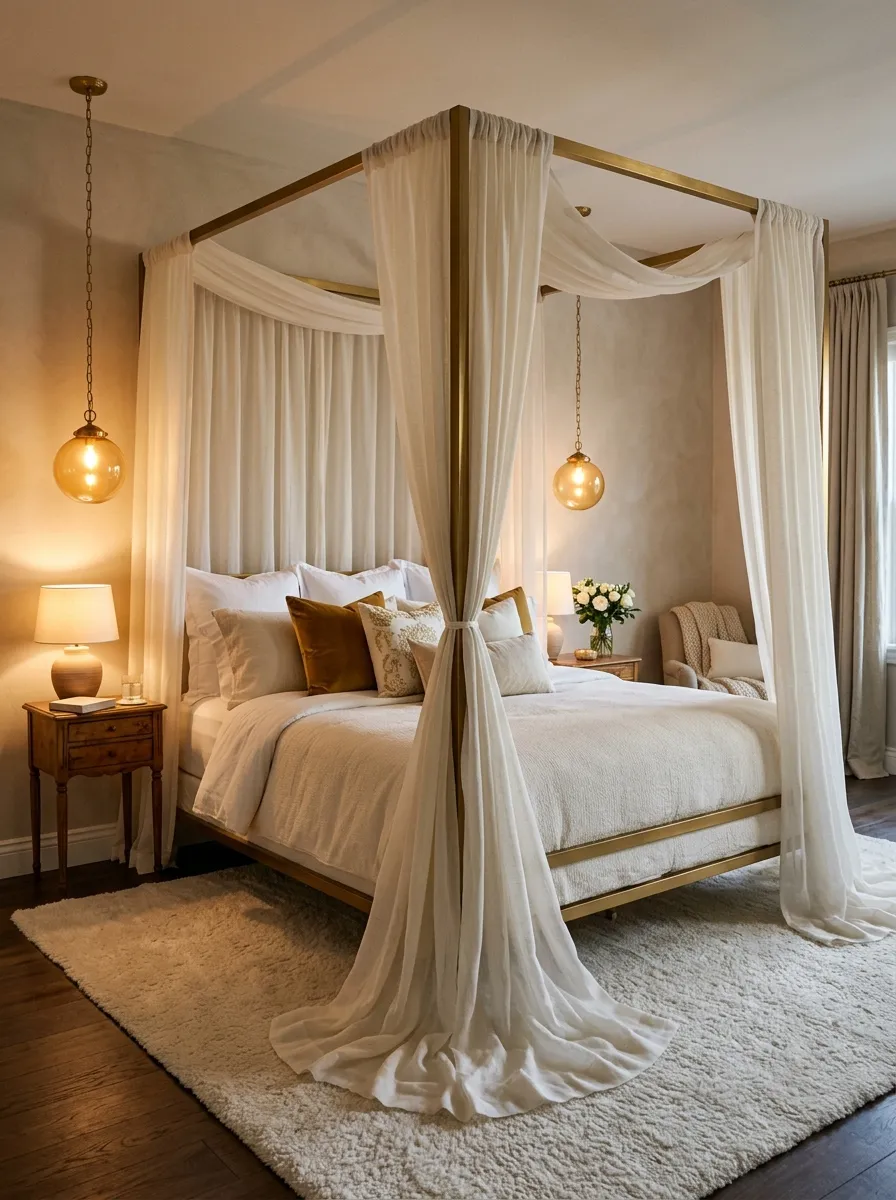 21 Glam Room Ideas That Perfectly Balance Drama, Comfort, Beauty, and Everyday Function 8 Gold four poster canopy bed with sheer ivory curtain panels and layered cream bedding in a dreamy glamorous bedroom with pendant lights