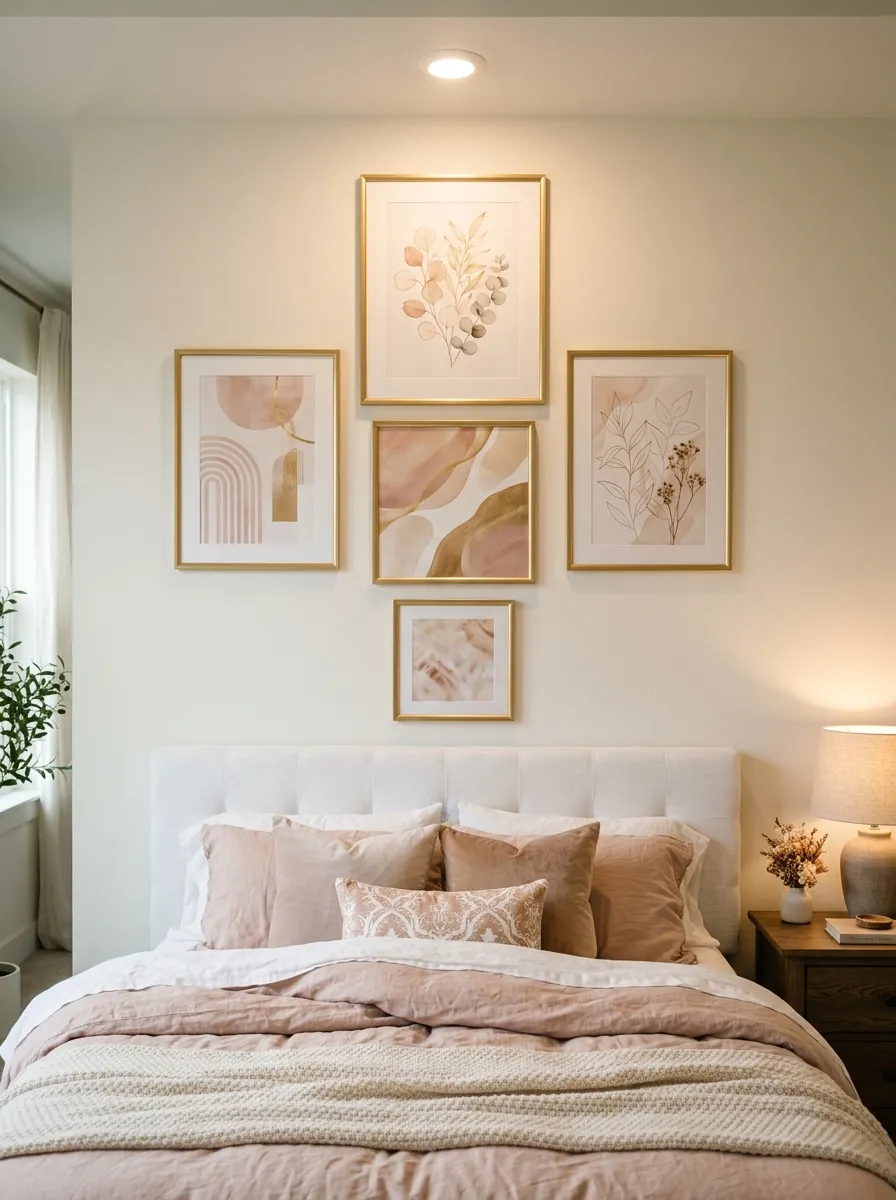21 Glam Room Ideas That Perfectly Balance Drama, Comfort, Beauty, and Everyday Function 9 Symmetrical gallery wall of gold framed botanical and abstract art prints above a linen upholstered bed in a glam décor bedroom