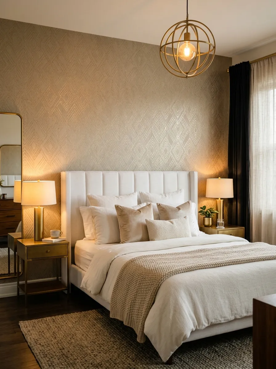 21 Glam Room Ideas That Perfectly Balance Drama, Comfort, Beauty, and Everyday Function 18 Champagne gold geometric metallic wallpaper accent wall behind white headboard with brass lamps in a glamorous bedroom interior