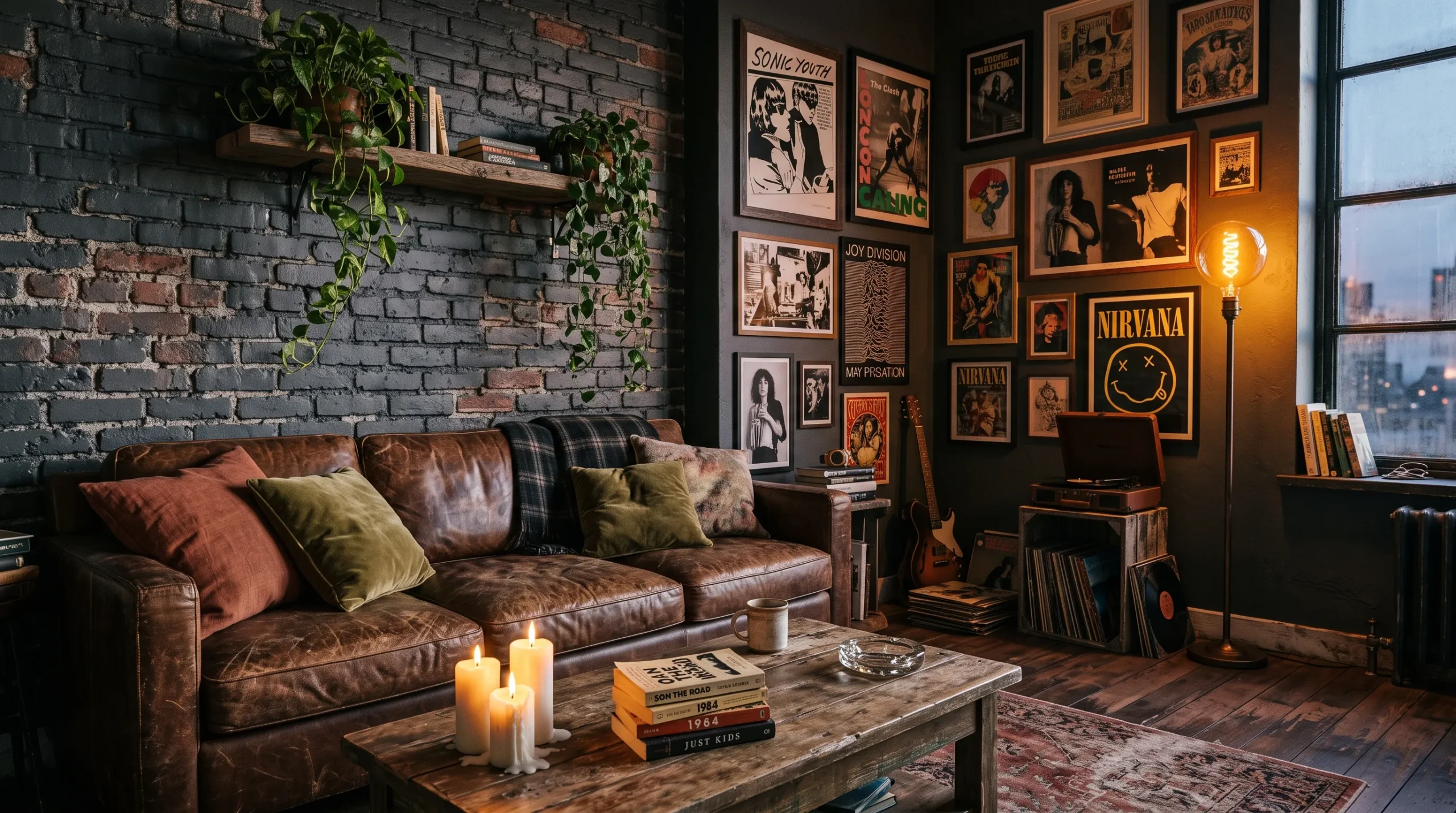 19 Grunge Apartment Ideas That Follow Quiet Design Rules for a Cool, Moody, and Authentic Space 4 A grunge apartment living room with exposed brick, warm Edison lighting, vintage posters, and layered vintage rugs