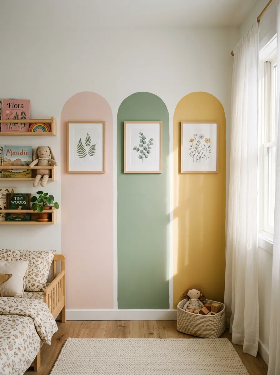 Three painted arches in blush, sage, and mustard on a wall in a bright little girl bedroom with botanical prints inside each arch