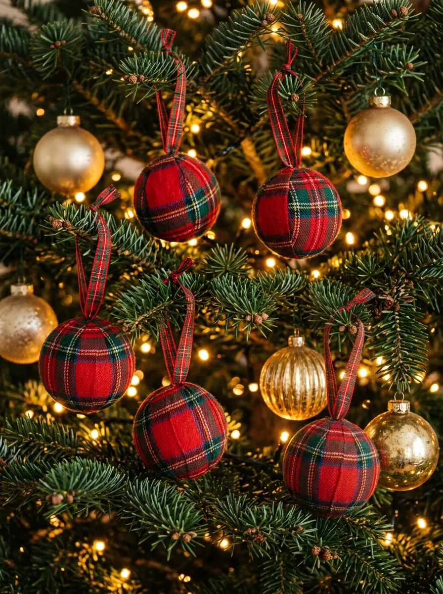 Cluster of handmade fabric wrapped tartan Christmas plaid home styling ornaments hanging on a Christmas tree with glass balls and warm lights