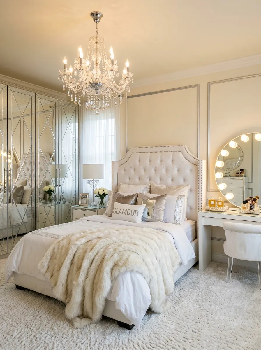 17 80s Bedroom Ideas That Balance Bold Nostalgia, Playful Color, and Modern Design Without Chaos 12 White tufted headboard Hollywood regency eighties bedroom style with mirrored wardrobe, crystal chandelier, and faux fur throw in a glamorous feminine room