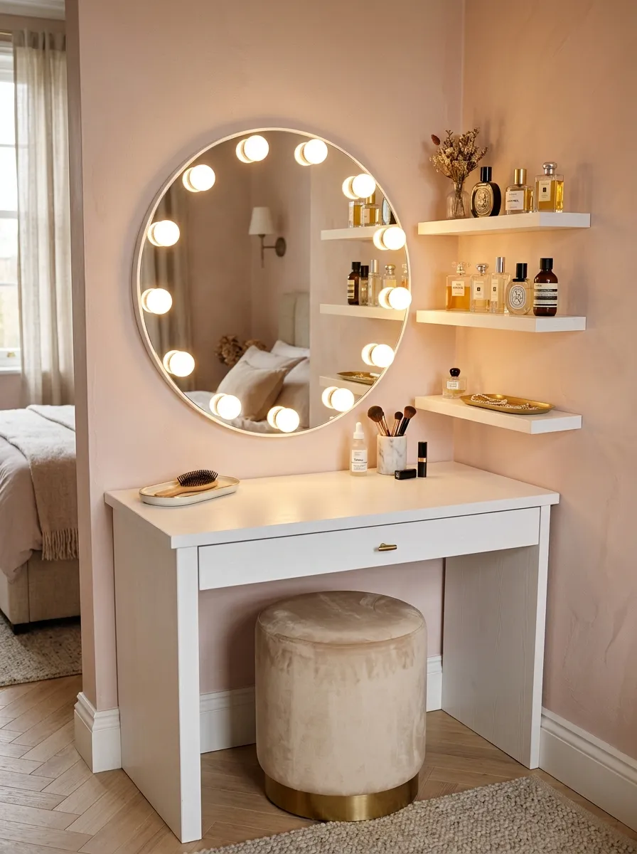 21 Glam Room Ideas That Perfectly Balance Drama, Comfort, Beauty, and Everyday Function 1 White Hollywood vanity with round bulb mirror and champagne velvet stool in a glam room corner with warm amber lighting