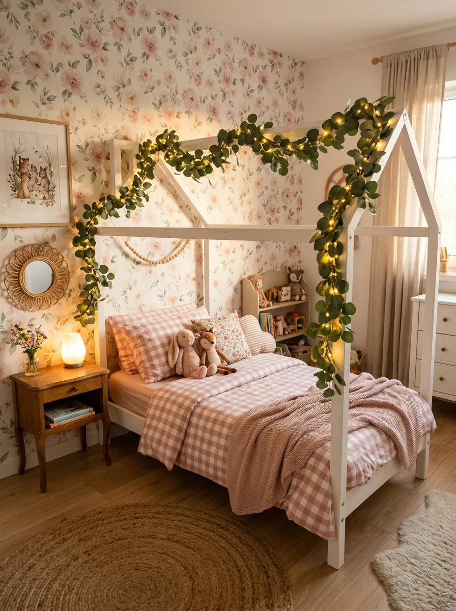 A white house frame bed with eucalyptus garland and fairy lights in a toddler room for girls with pink gingham bedding and floral wallpaper