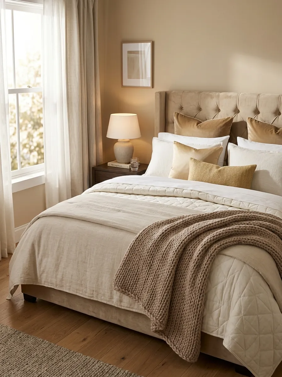 21 Glam Room Ideas That Perfectly Balance Drama, Comfort, Beauty, and Everyday Function 20 King bed with layered ivory duvet, champagne velvet euro shams, gold accent pillows, and chunky knit throw in a glam room bedroom